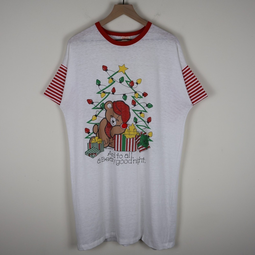Vintage‎ Christmas Teddy Bear Nightshirt Sleeper Shirt One Size 23x35